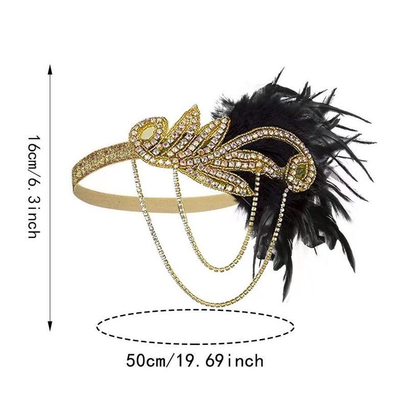 Tongcloud 1920s Flapper Feather Headband with Rhinestones Beaded Great Gatsby Headpiece for Women Showgirl Halloween Cosplay Party (Gold, Medium) - Image 3